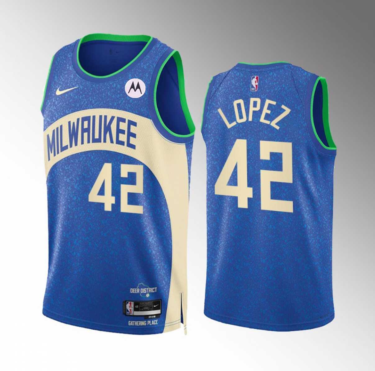 Mens Milwaukee Bucks #42 Robin Lopez Blue 2023-24 City Edition Stitched Basketball Jersey Dzhi
